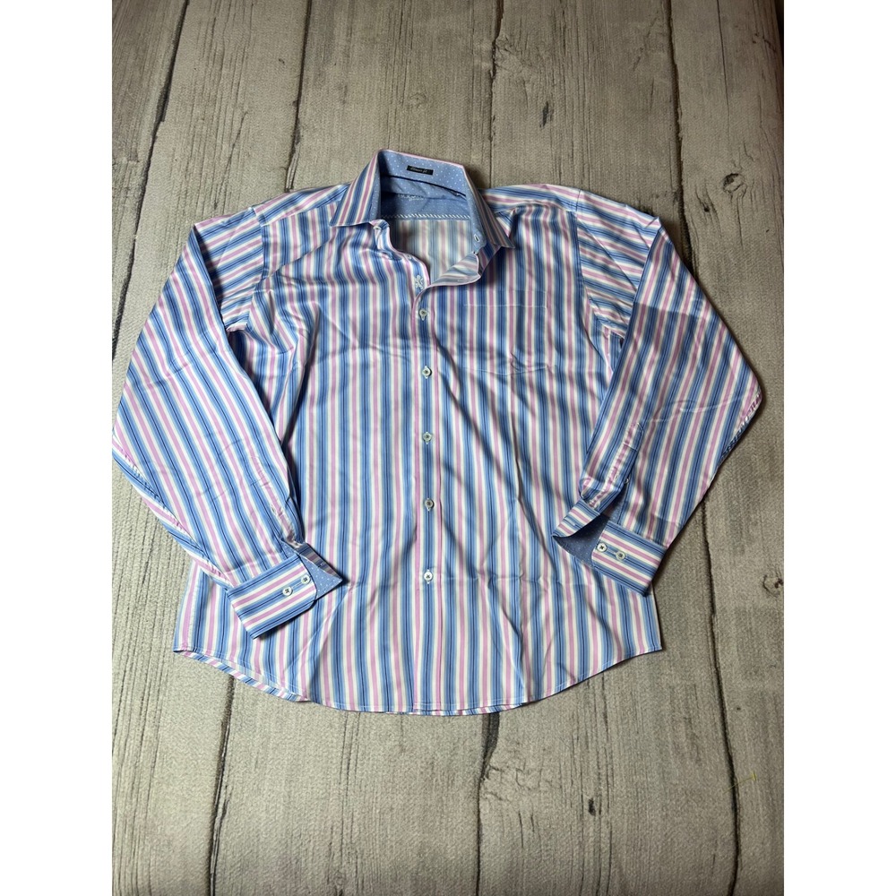 Bugatchi Uomo Mens Classic Fit Striped Button Down Shirt Blue Pink‎ White Large